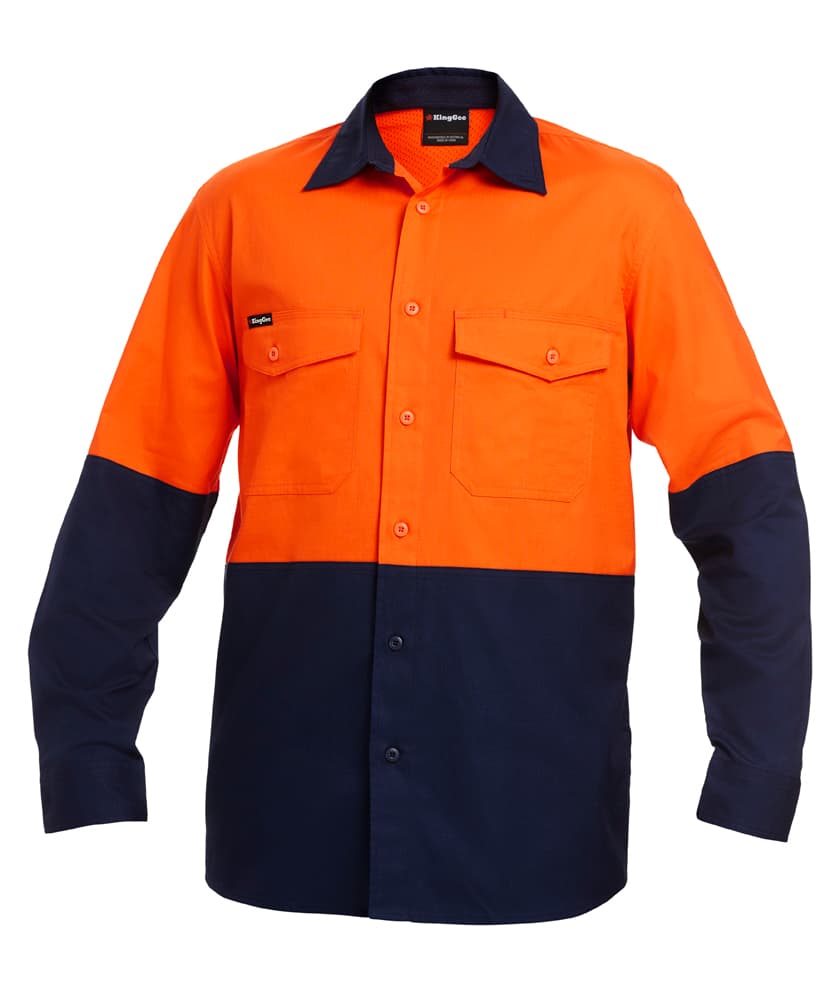 KingGee Mens Workcool 2 Spliced Shirt Long Sleeve (Orange/Navy)