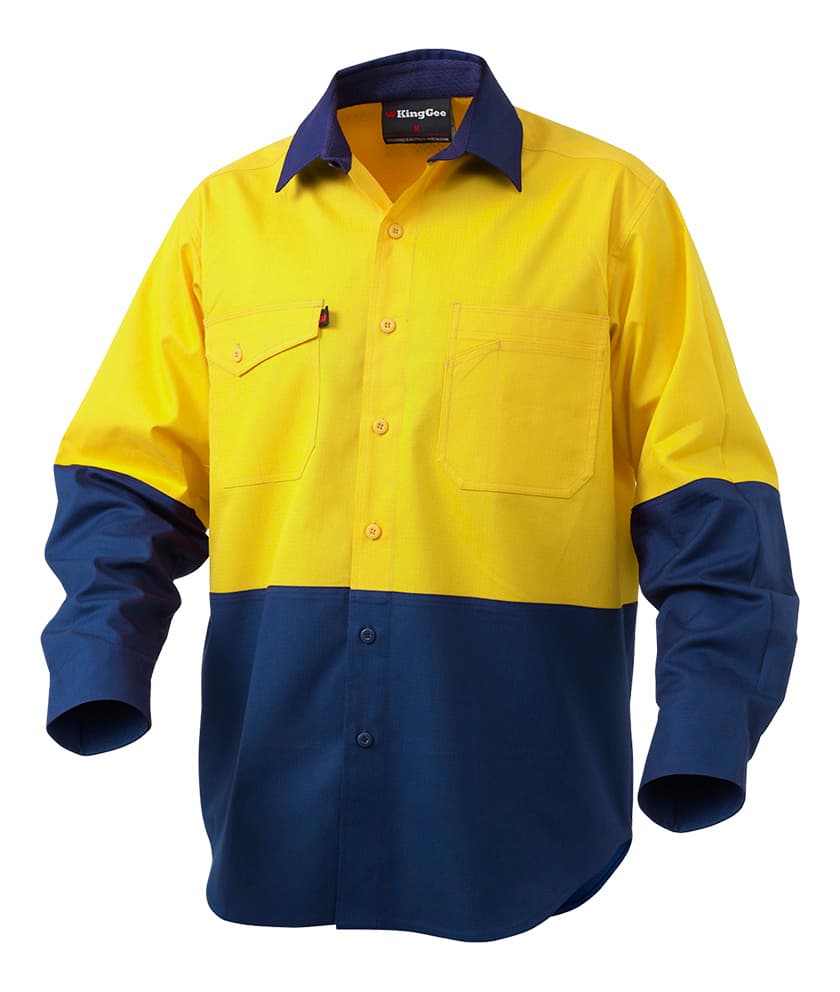 KingGee Mens Workcool 2 Spliced Shirt Long Sleeve (Yellow/Navy)