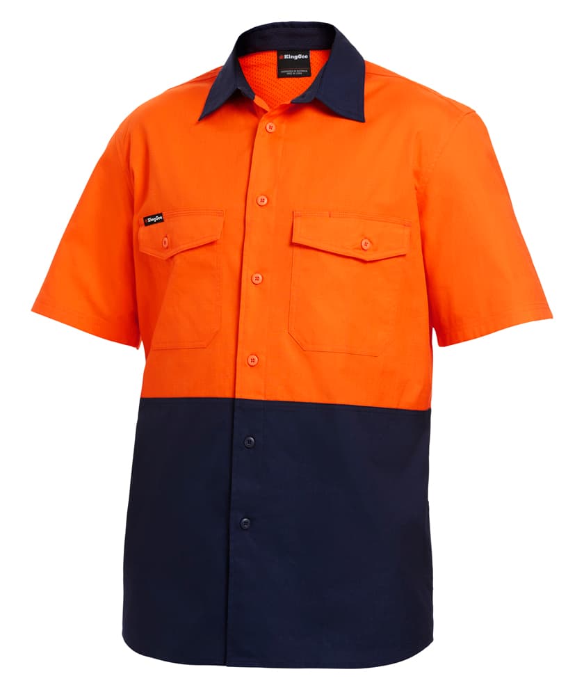 KingGee Mens Workcool 2 Spliced Shirt Short Sleeve (Orange/Navy)