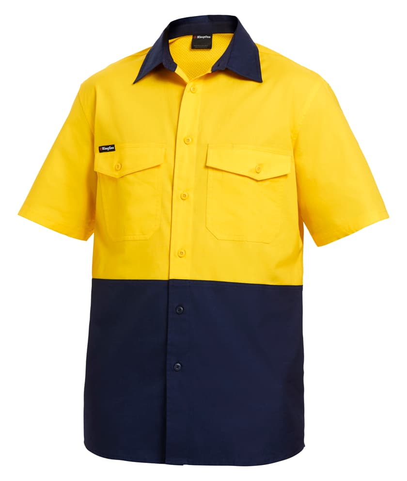 KingGee Mens Workcool 2 Spliced Shirt Short Sleeve (Yellow/Navy)