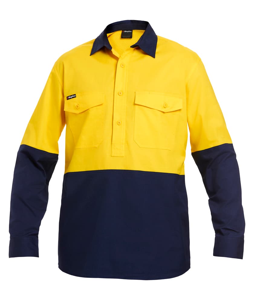 KingGee Mens Workcool2 Spliced Closed Front Shirt Long Sleeve (Yellow/Navy)