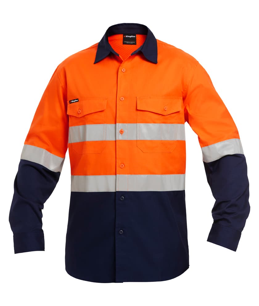 KingGee Mens Workcool2 Hi Vis Reflective Spliced Shirt Long Sleeve (Orange/Navy)