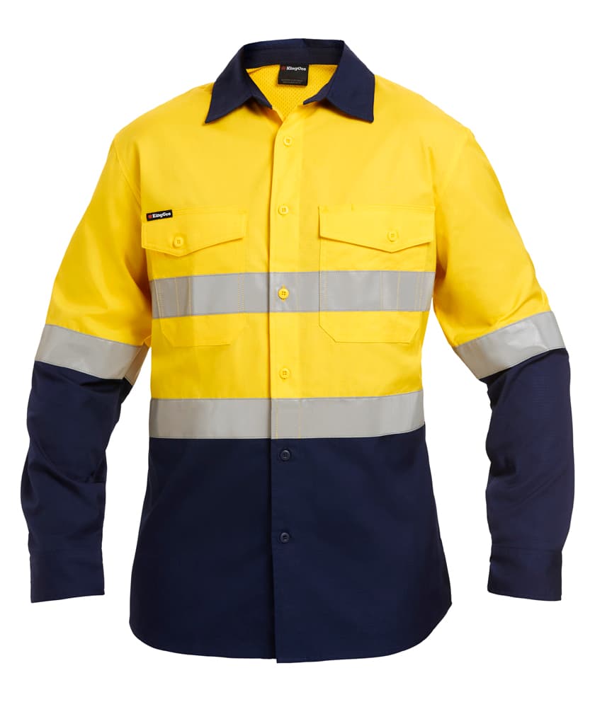 KingGee Mens Workcool2 Hi Vis Reflective Spliced Shirt Long Sleeve (Yellow/Navy)