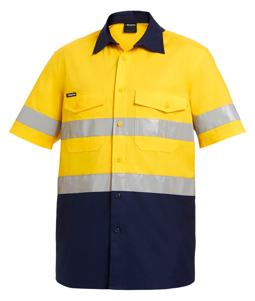 KingGee Mens Workcool2 Reflective Spliced Shirt Short Sleeve (Yellow/Navy)