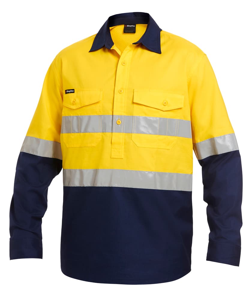 KingGee Mens Workcool2 Reflective Spliced Closed Front Shirt Long Sleeve (Yellow/Navy)
