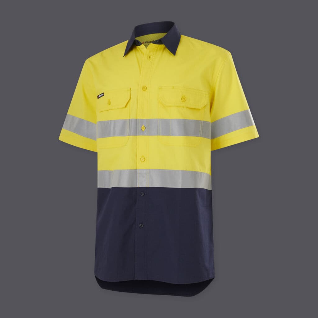KingGee Mens Workcool Vented Spliced Shirt Taped Short Sleeve (Yellow/Navy)