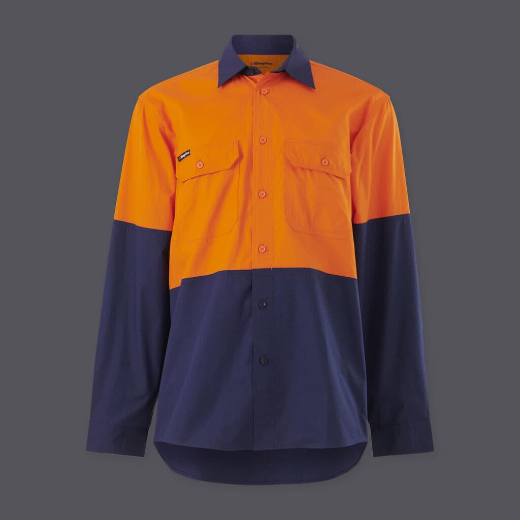 KingGee Mens Workcool Vented Spliced Shirt Long Sleeve (Orange/Navy)