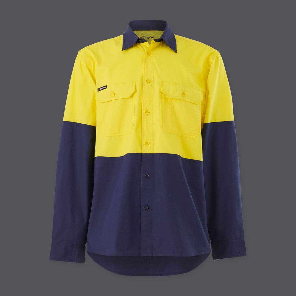 KingGee Mens Workcool Vented Spliced Shirt Long Sleeve (Yellow/Navy)