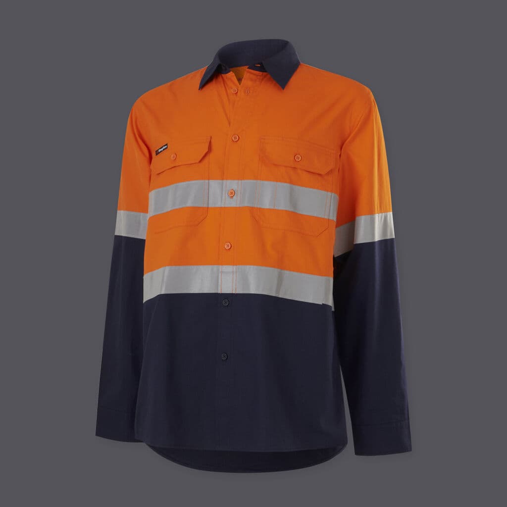 KingGee Mens Workcool Vented Spliced Shirt Taped Long Sleeve (Orange/Navy)