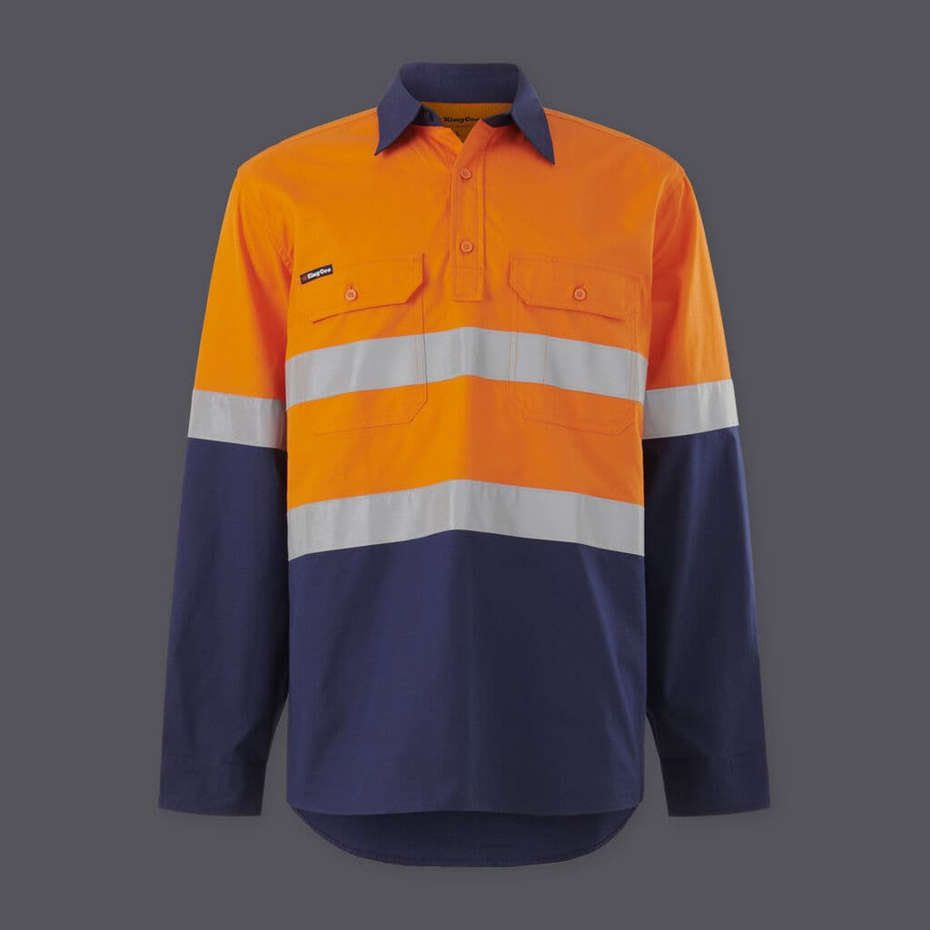 KingGee Mens Workcool Vented Closed Front Spliced Shirt Taped Long Sleeve (Orange/Navy)