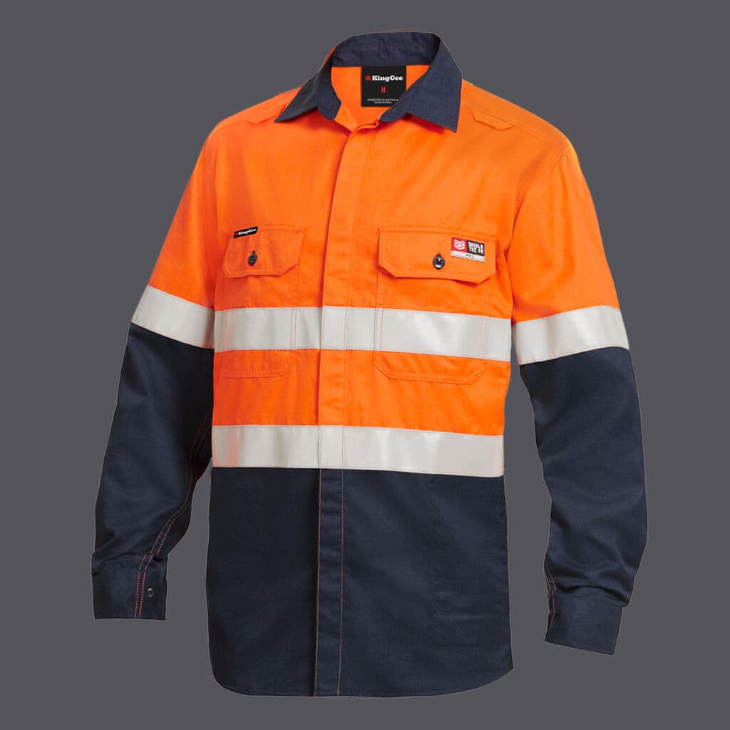 KingGee Mens Shieldtec Lenzing FR Hi-Vis Spliced Open Front Taped Shirt (Orange/Navy)