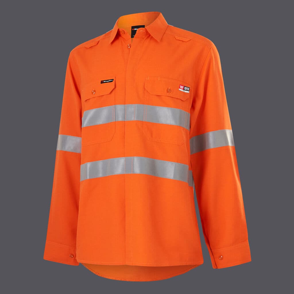 KingGee Womens Shieldtec Lenzing FR Hi-Vis Open Front Taped Shirt (Orange)