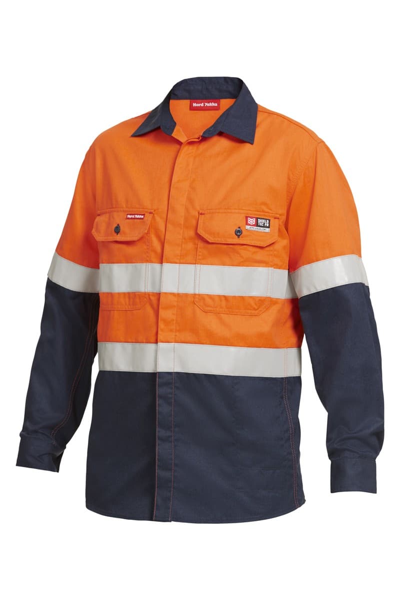 KingGee Shieldtec FR Hi-Visibility Two Tone Open Front Long Sleeve Shirt With FR Tape (Orange/Navy)