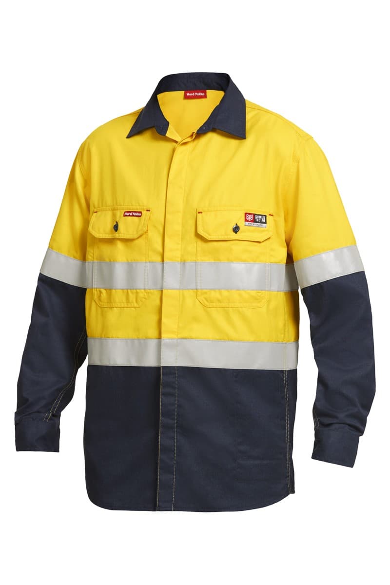 KingGee Shieldtec FR Hi-Visibility Two Tone Open Front Long Sleeve Shirt With FR Tape (Yellow/Navy)