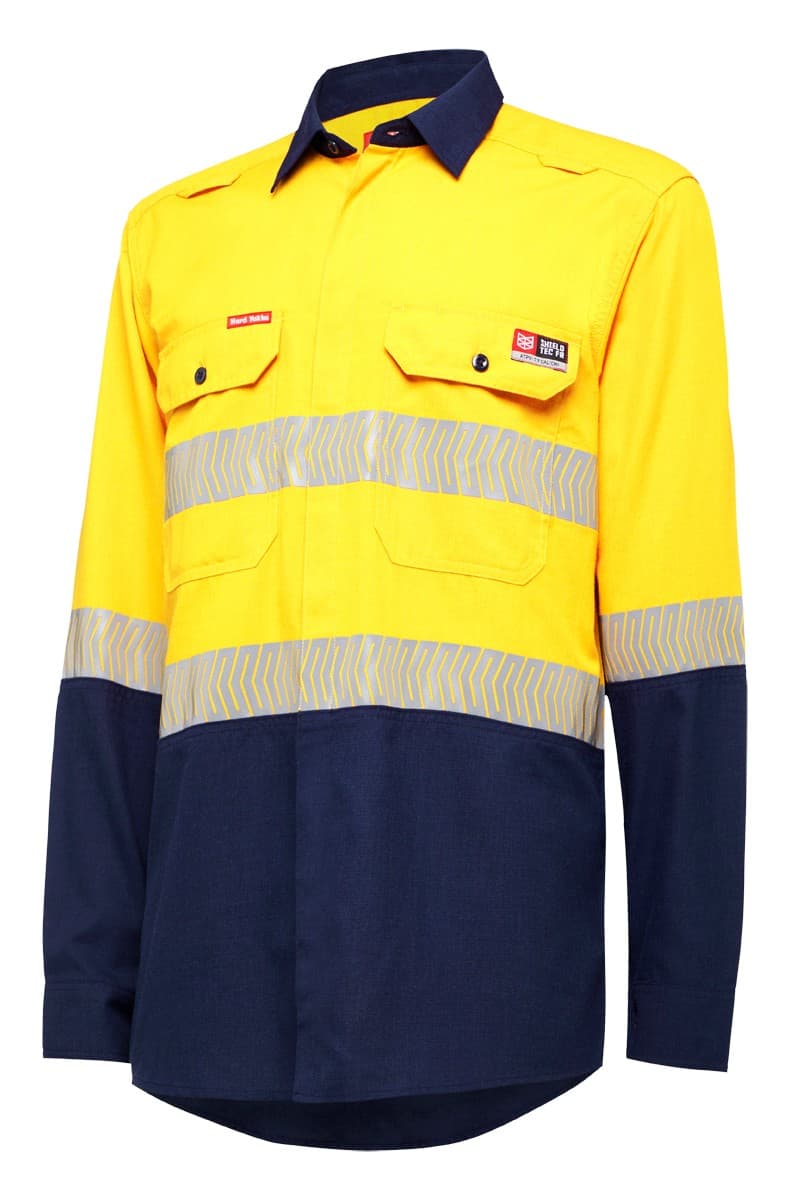 KingGee Shieldtec Lenzing FR Hi-Visibility Two Tone Long Sleeve Open Front Shirt With Tape (Yellow/Navy)