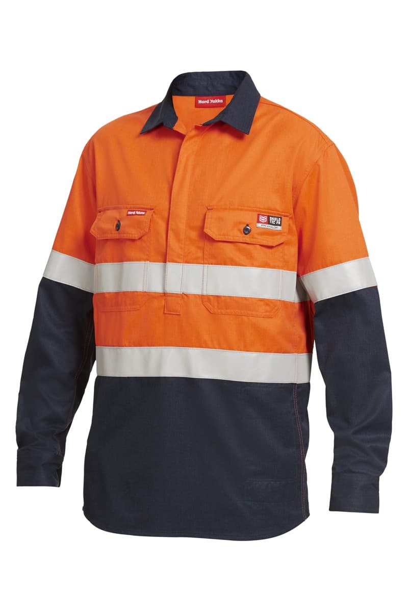 KingGee Shieldtec FR Hi-Visibilty Two Tone Closed Front Long Sleeve Shirt With FR Tape (Orange/Navy)