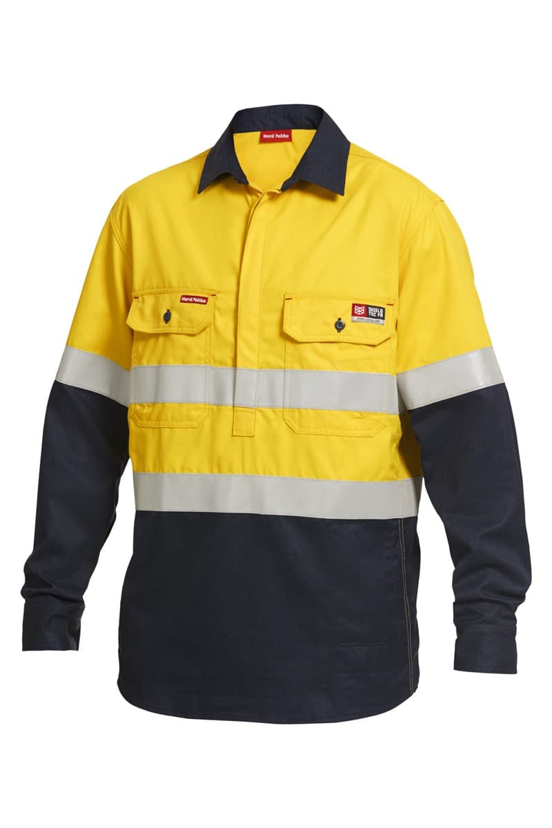 KingGee Shieldtec FR Hi-Visibilty Two Tone Closed Front Long Sleeve Shirt With FR Tape (Yellow/Navy)