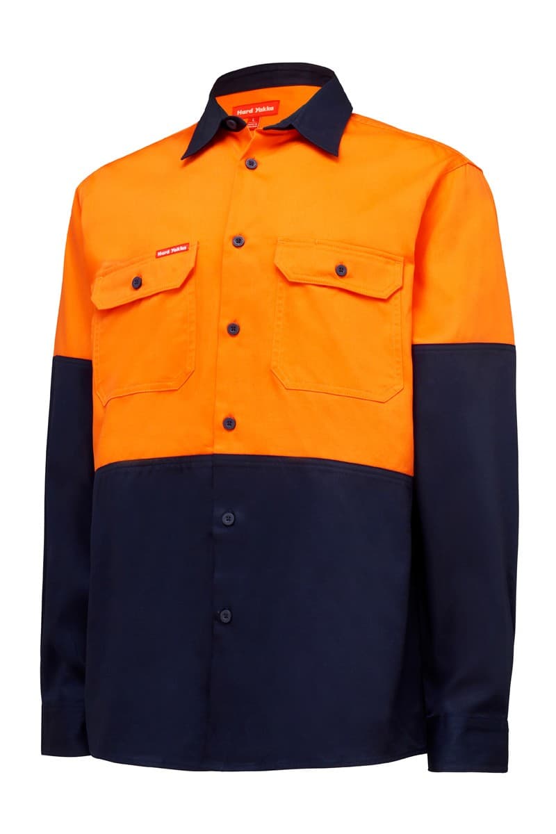 Hard Yakka Hi Vis L/Sl H/Weight 2Tone Cotton Drill Shirt (Orange/Navy)