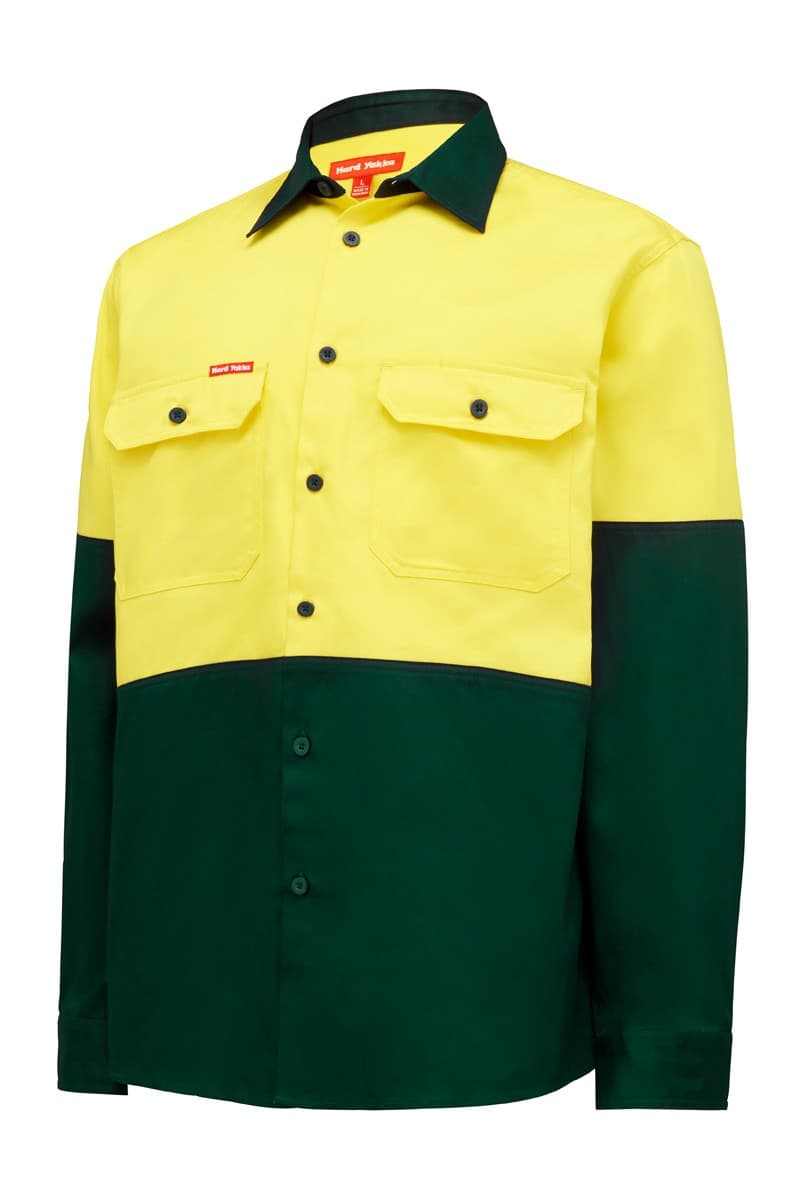 Hard Yakka Hi Vis L/Sl H/Weight 2Tone Cotton Drill Shirt (Yellow/Green)