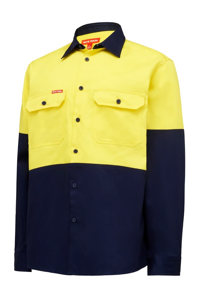 Hard Yakka Hi Vis L/Sl H/Weight 2Tone Cotton Drill Shirt (Yellow/Navy)