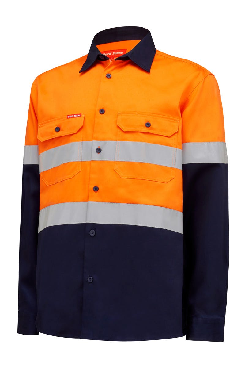 Hard Yakka Hi Vis L/Slv Two Tone Cotton Drill Shirt W/Tape (Orange/Navy)_0