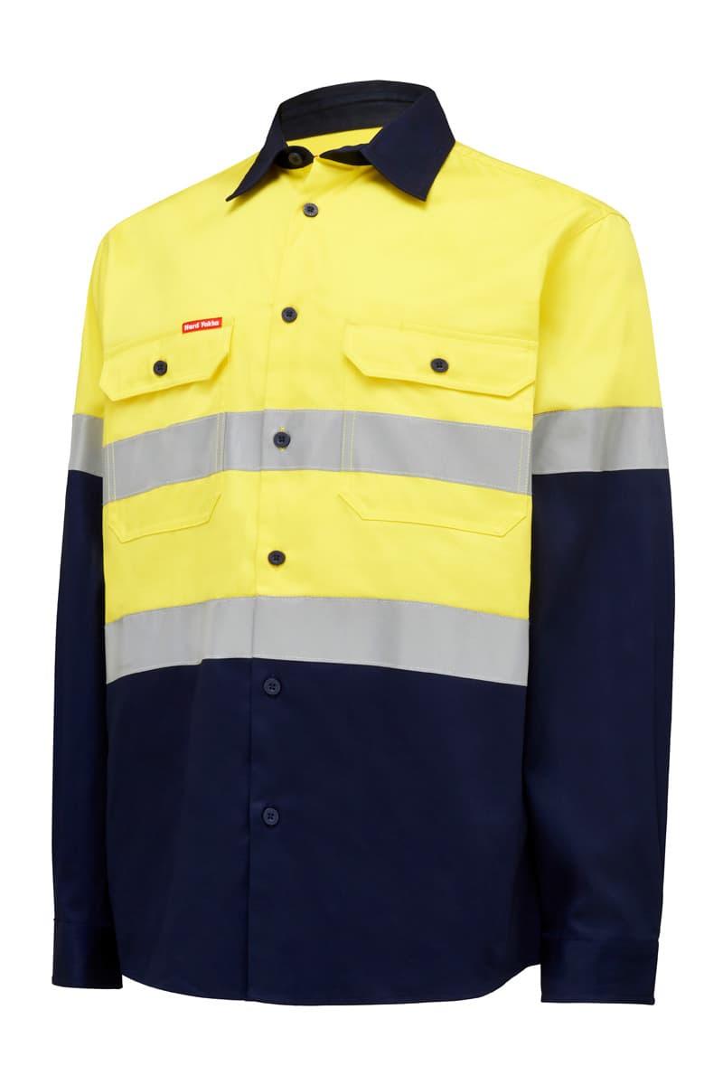 Hard Yakka Hi Vis L/Slv Two Tone Cotton Drill Shirt W/Tape (Yellow/Navy)