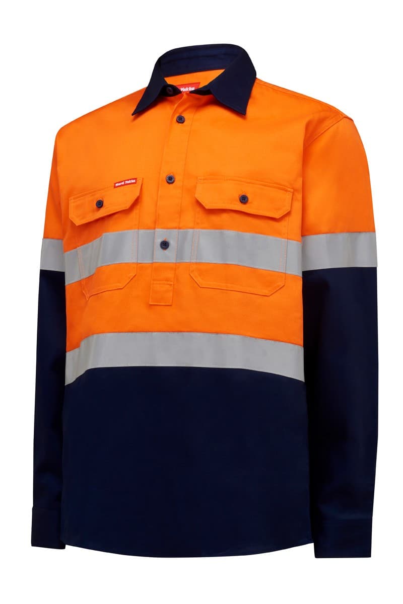 Hard Yakka Hi Vis L/Slv H/Weight Closed Front 2 Tone Cotton Drill Shirt W/Tape (Orange/Navy)