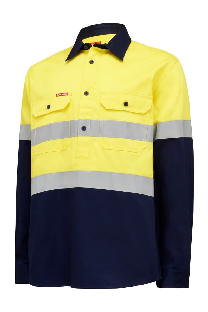 Hard Yakka Hi Vis L/Slv H/Weight Closed Front 2 Tone Cotton Drill Shirt W/Tape (Yellow/Navy)