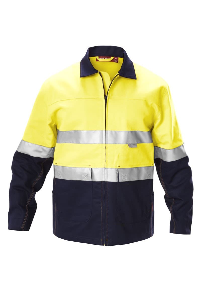 Hard Yakka Foundations Hi-Visibility Two Tone Cotton Drill Jacket With Tape (Yellow/Navy)