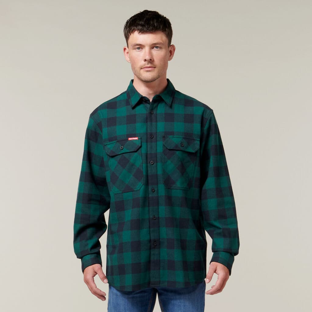 Hard Yakka Foundations Check Flannel Long Sleeve Shirt (Bottle/Green)