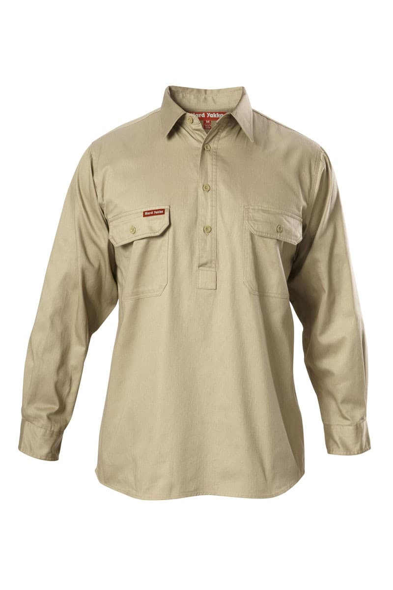 Hard Yakka Foundations Cotton Drill Closed Front Shirt Long Sleeve Shirt (Khaki)