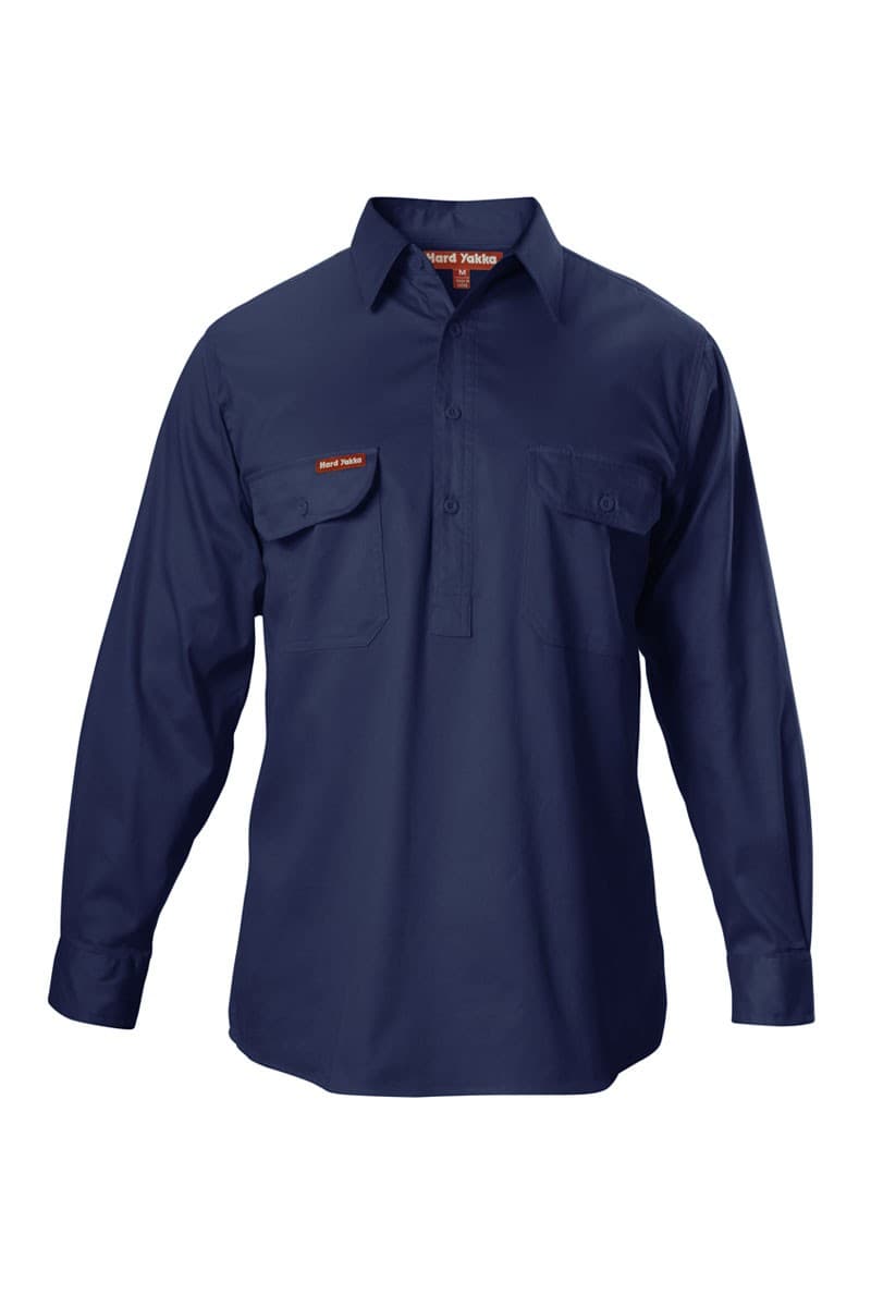 Hard Yakka Foundations Cotton Drill Closed Front Shirt Long Sleeve Shirt (Navy)
