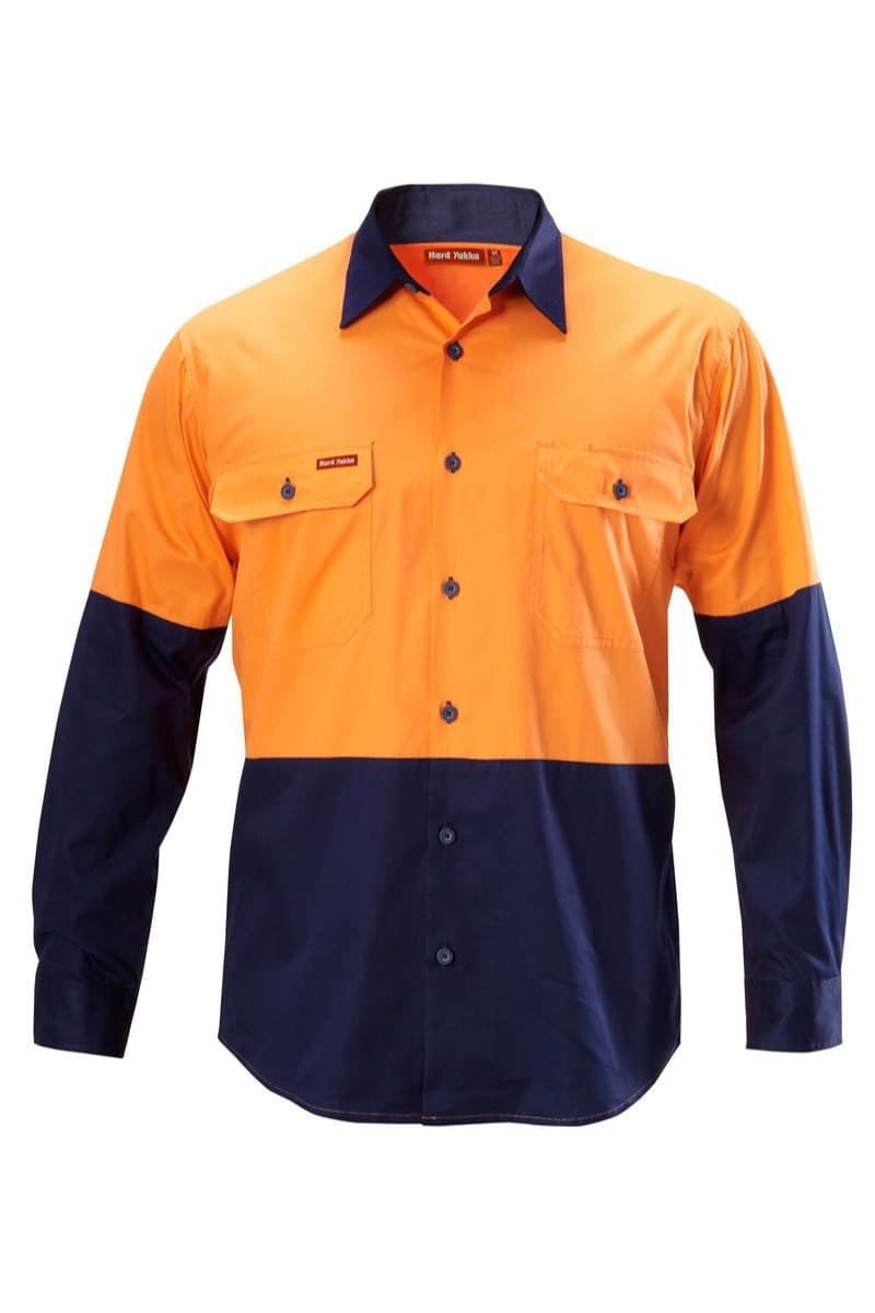 Hard Yakka Koolgear Hi-Visibility Two Tone Cotton Twill Long Sleeve Shirt (Orange/Navy)