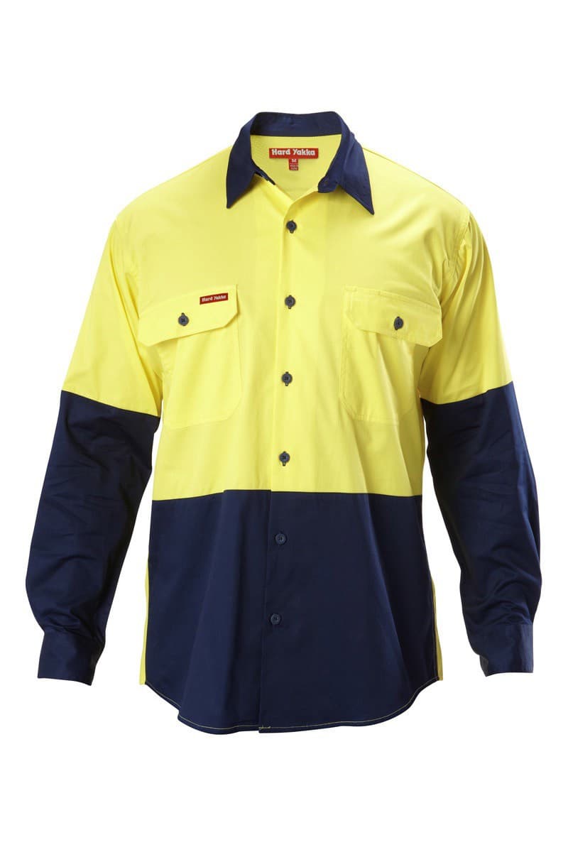 Hard Yakka Koolgear Hi-Visibility Two Tone Cotton Twill Long Sleeve Shirt (Yellow/Navy)