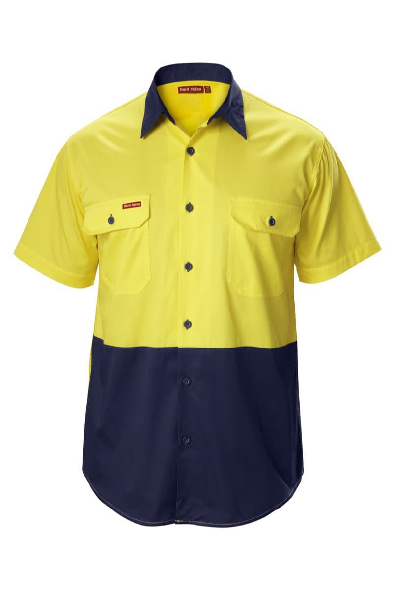 Hard Yakka Koolgear Hi-Visibility Two Tone Cotton Twill Ventilated Shirt Short Sleeve (Yellow/Navy)