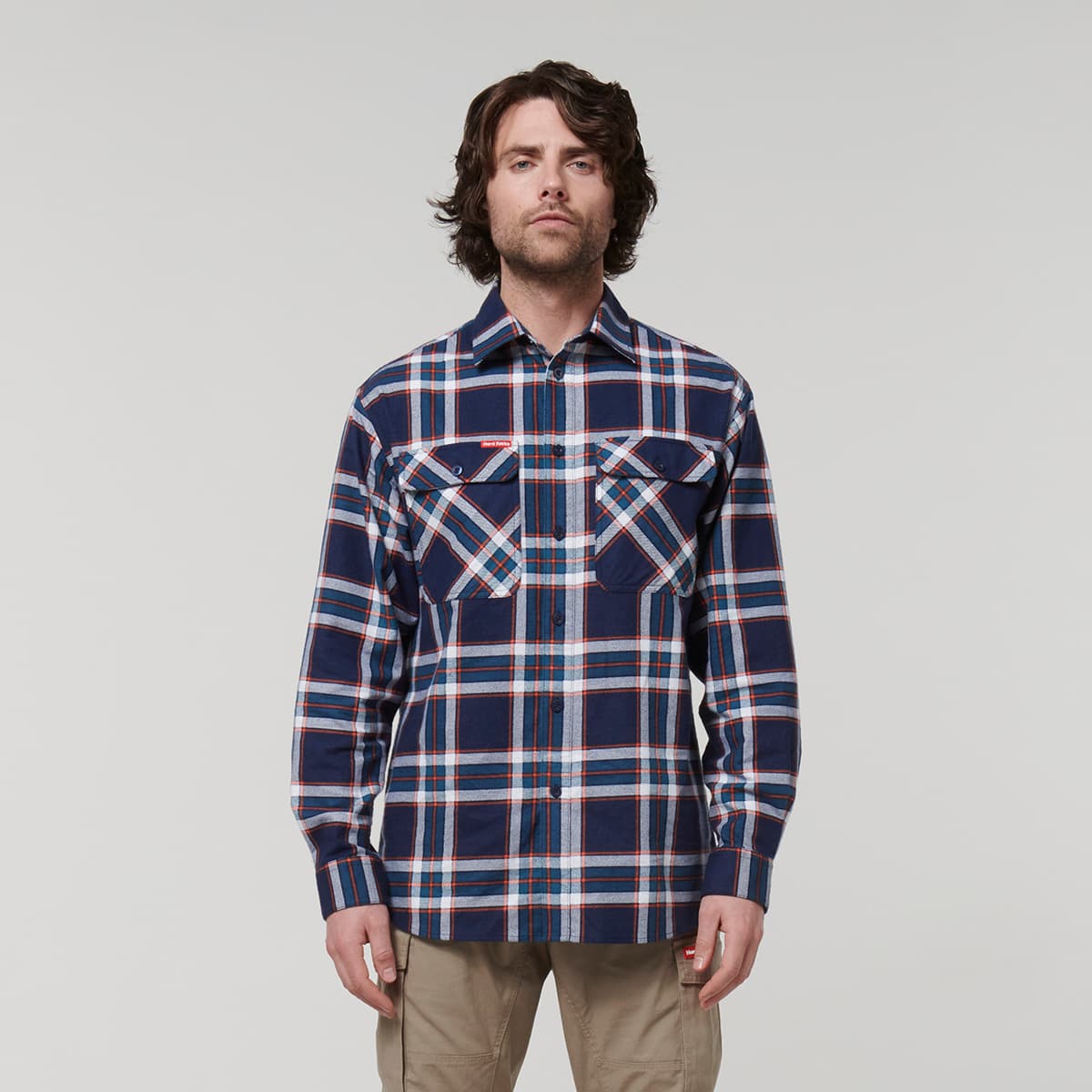 Hard Yakka Core Mens Long Sleeve Check Flannel (Navy/Orange Check)