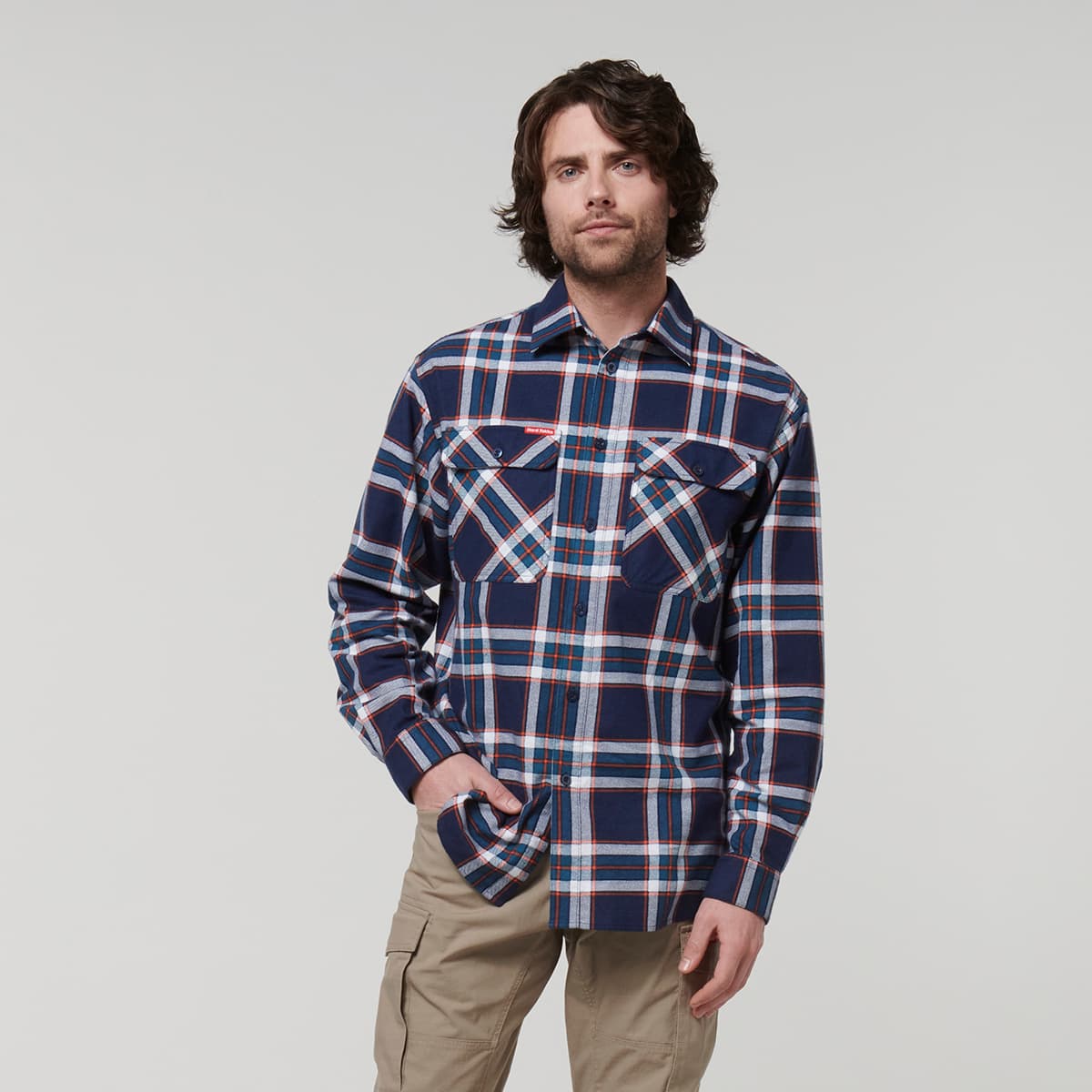 Hard Yakka Core Mens Long Sleeve Check Flannel (Navy/Orange Check)_1