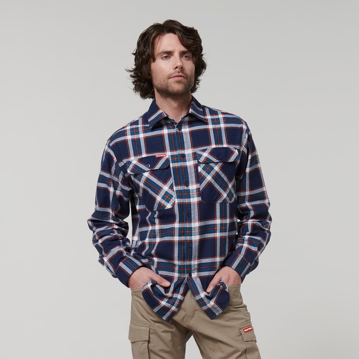 Hard Yakka Core Mens Long Sleeve Check Flannel (Navy/Orange Check)_2