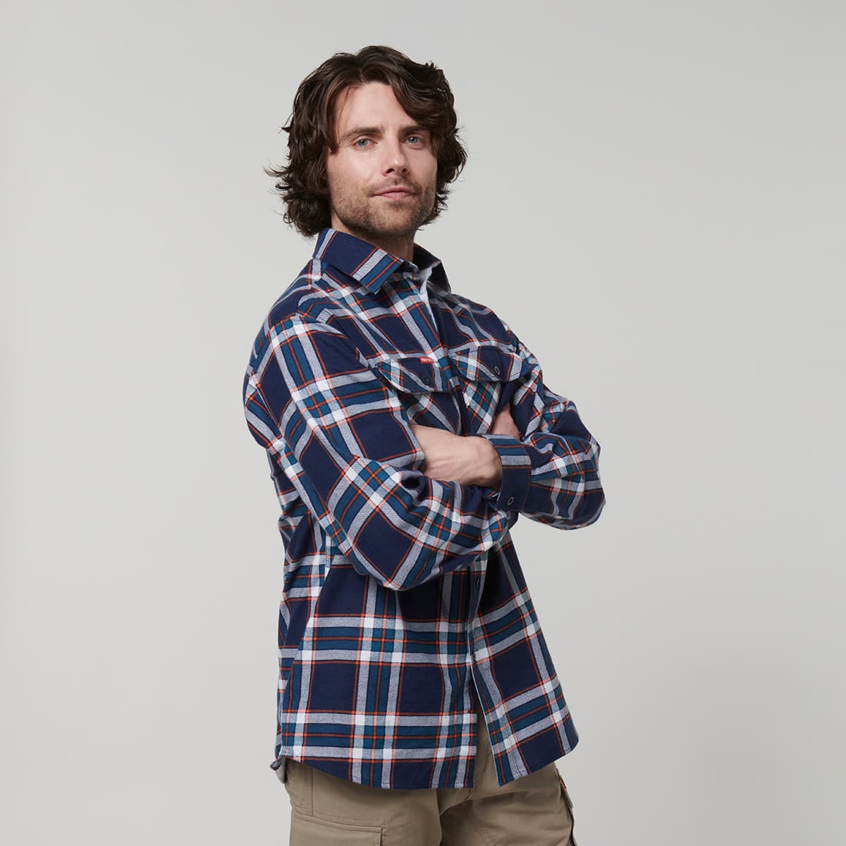 Hard Yakka Core Mens Long Sleeve Check Flannel (Navy/Orange Check)_4