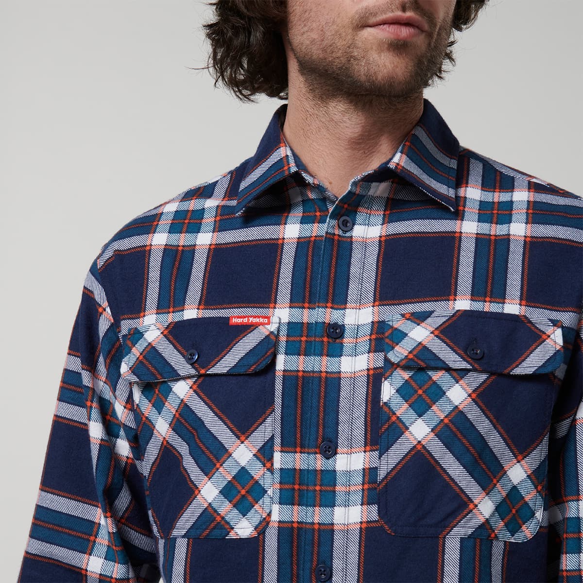 Hard Yakka Core Mens Long Sleeve Check Flannel (Navy/Orange Check)_6