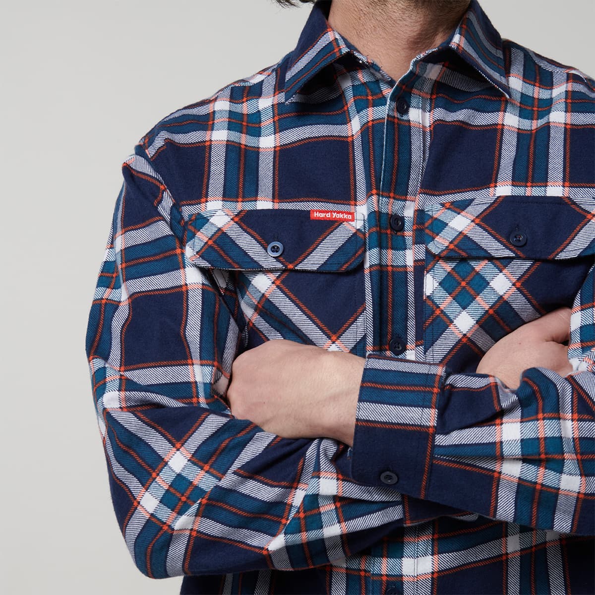 Hard Yakka Core Mens Long Sleeve Check Flannel (Navy/Orange Check)_7