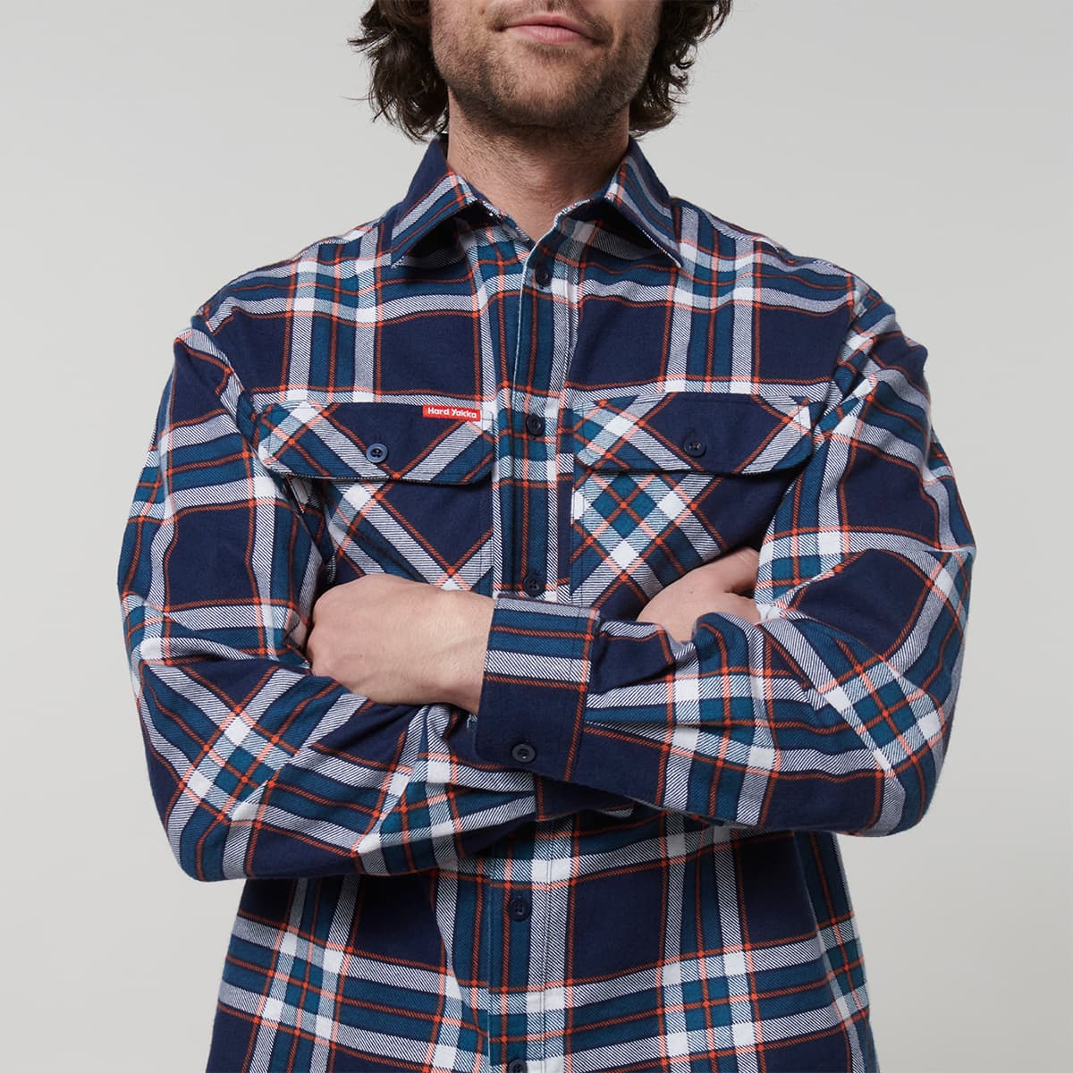 Hard Yakka Core Mens Long Sleeve Check Flannel (Navy/Orange Check)_8