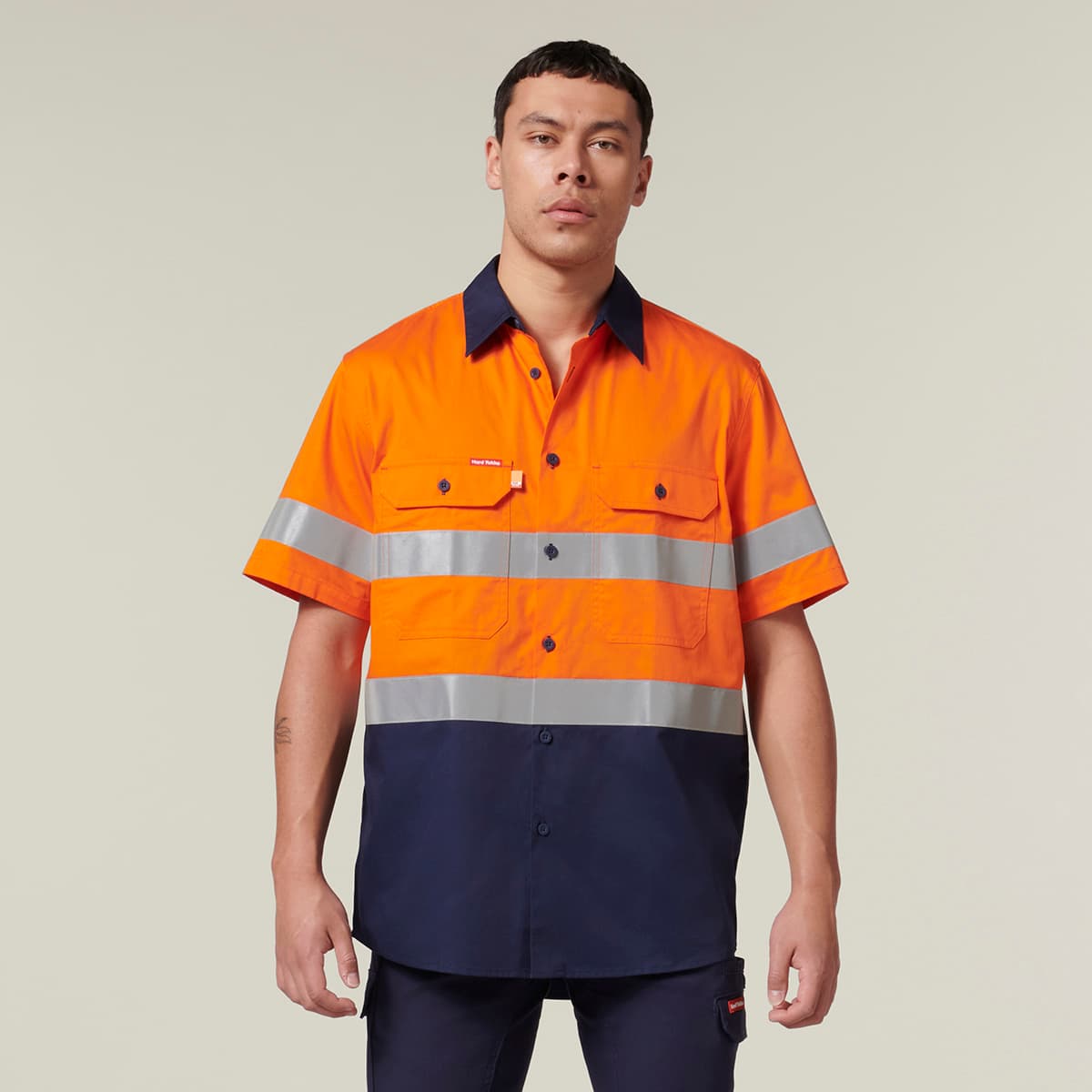 Hard Yakka Core Mens Short Sleeve Hi Vis 2 Tone Taped Vented Shirt (Orange/Navy)