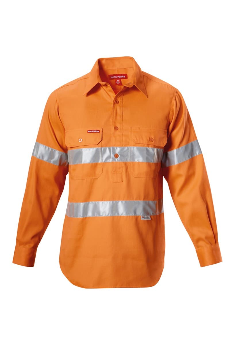 Hard Yakka Foundations Hi-Visibility Closed Front Cotton Drill Long Sleeve Shirt With Tape (Safety Orange)