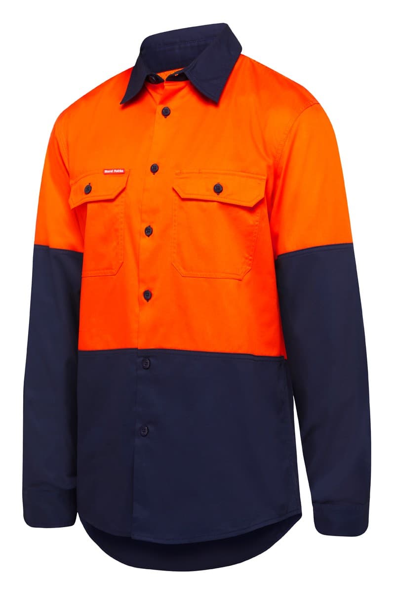 Hard Yakka Shirt Long Sleeve 2 Tone Vented (Orange/Navy)