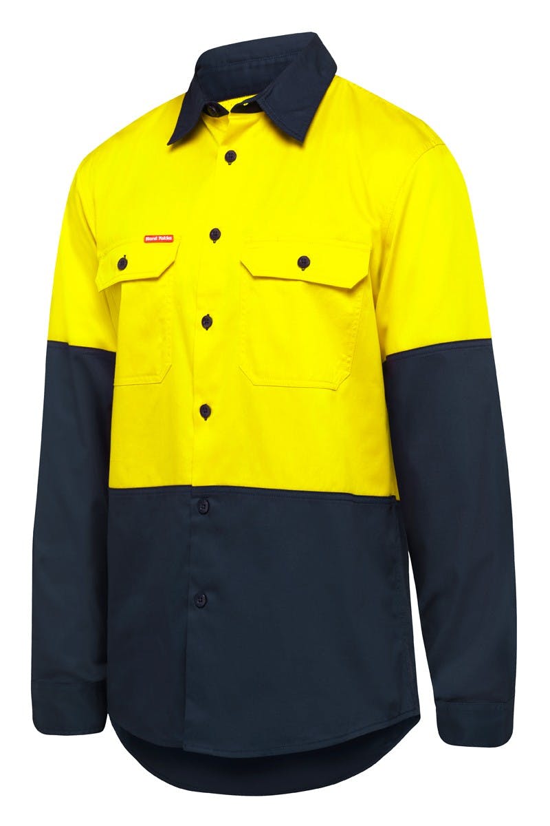 Hard Yakka Shirt Long Sleeve 2 Tone Vented (Yellow/Navy)