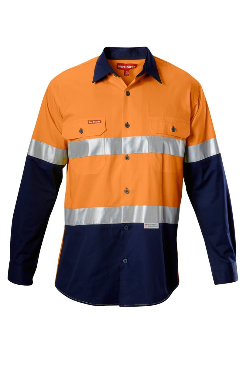 Hard Yakka Koolgear Hi-Visibility Two Tone Cotton Twill Ventilated Shirt With Tape Long Sleeve (Orange/Navy)