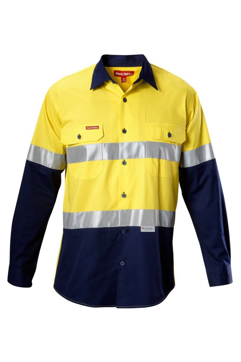 Hard Yakka Koolgear Hi-Visibility Two Tone Cotton Twill Ventilated Shirt With Tape Long Sleeve (Yellow/Navy)