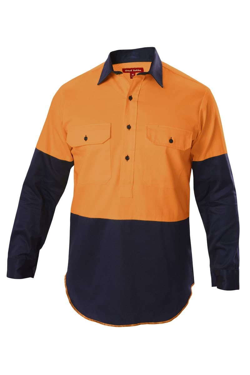 Hard Yakka Foundations Hi-Visibility Two Tone Closed Front Long Sleeve Cotton Drill Shirt With Gusset (Orange/Navy)