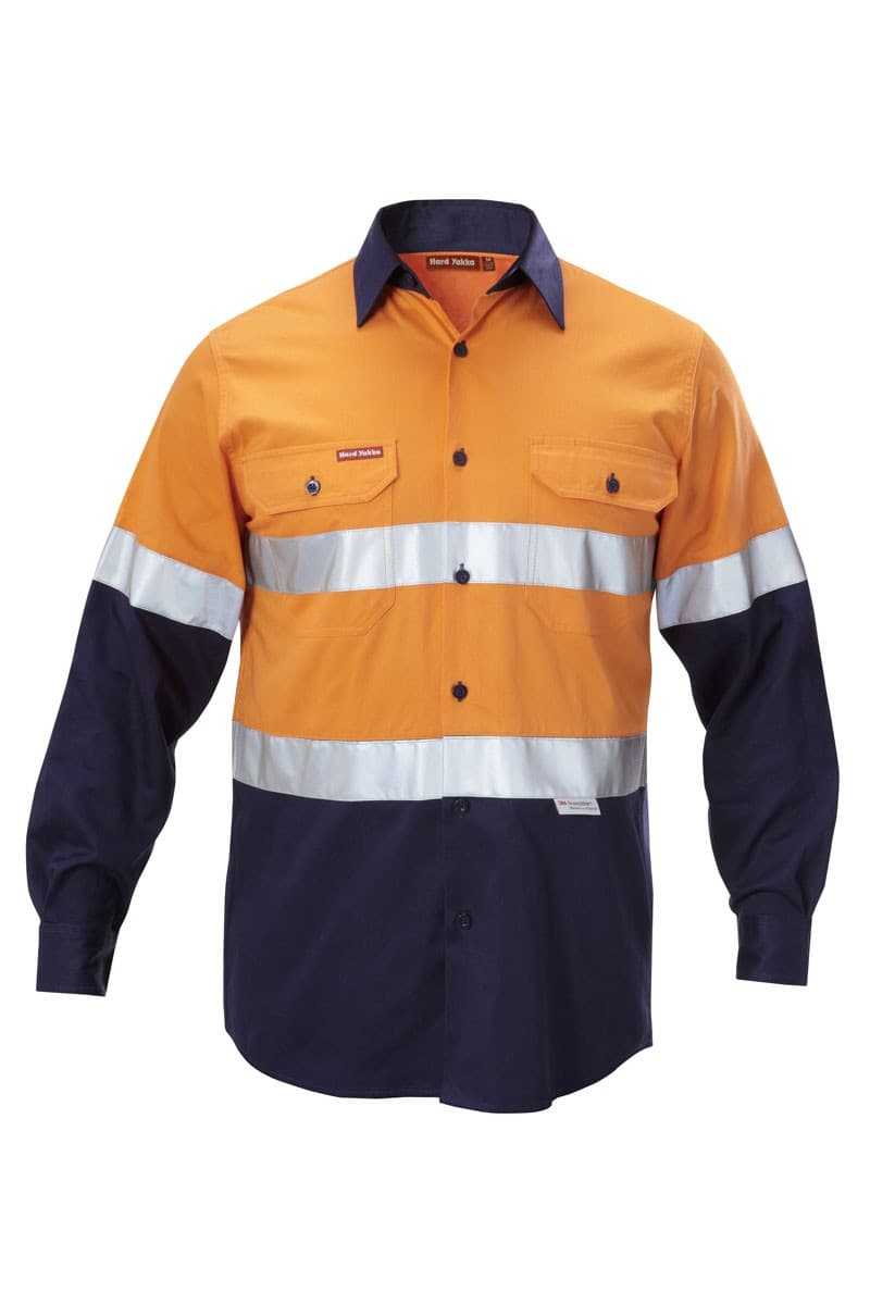 Hard Yakka Foundations Hi-Visibility Two Tone Cotton Drill Long Sleeve Shirt With Tape (Orange/Navy)